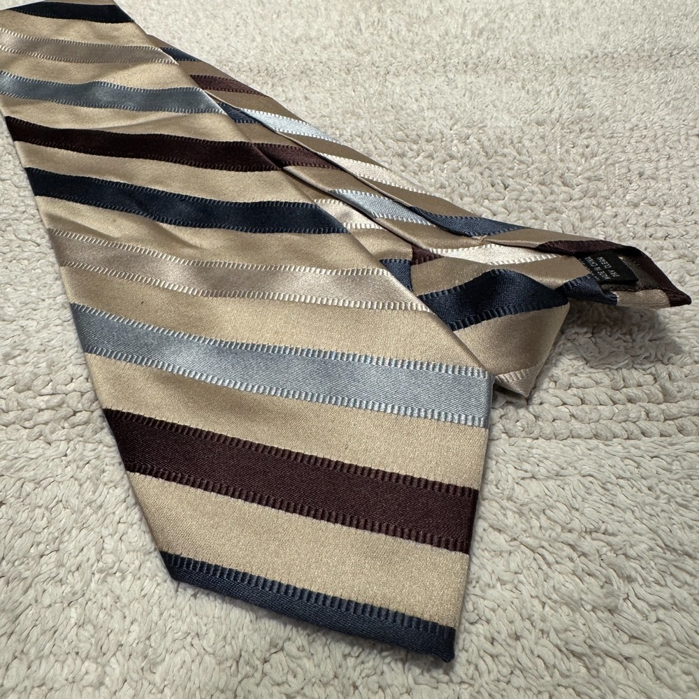 Calvin Klein Tie Gold Blue Diagonal Stripe 100% Silk Preppy Old Money Business